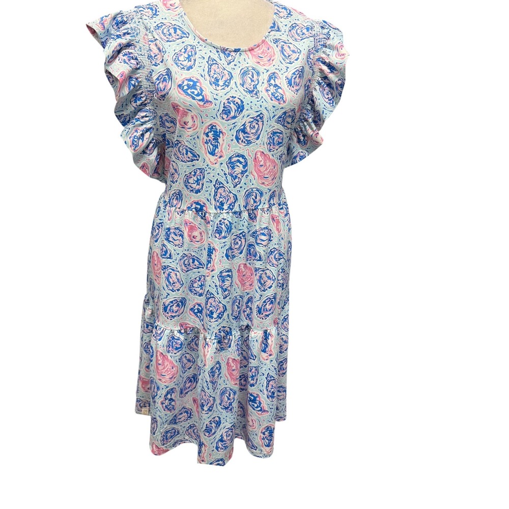 Womens S Tier Dress Abstract Coastal Watercolor Stretch Beachy Resortwear Multi - Picture 2 of 10